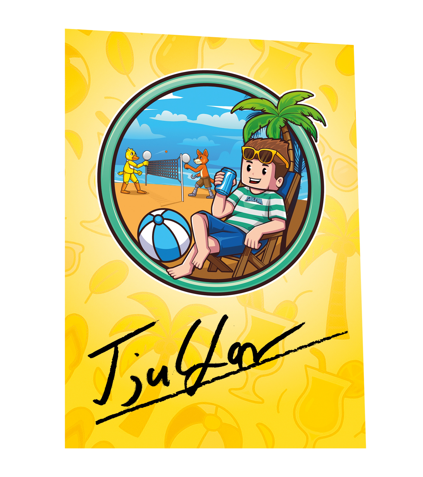 Gelbe Tjulfar-Autogrammkarte mit Sommermotiv am Strand, Comicfigur im Liegestuhl mit Getränk, Volleyballspiel im Hintergrund und schwarzer Tjulfar-Signatur unten.