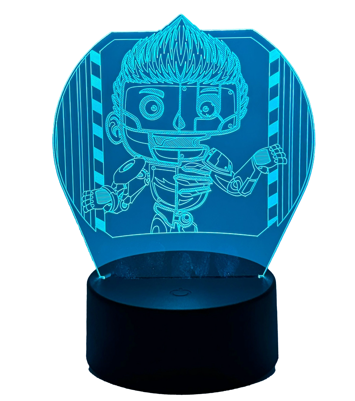 Blaue LED-Lampe mit 3D-Illusion im Tjulfar-Design, zeigt die mechanische Figur als futuratives Leuchtmotiv auf schwarzem Sockel, produziert von LunyMerch.
