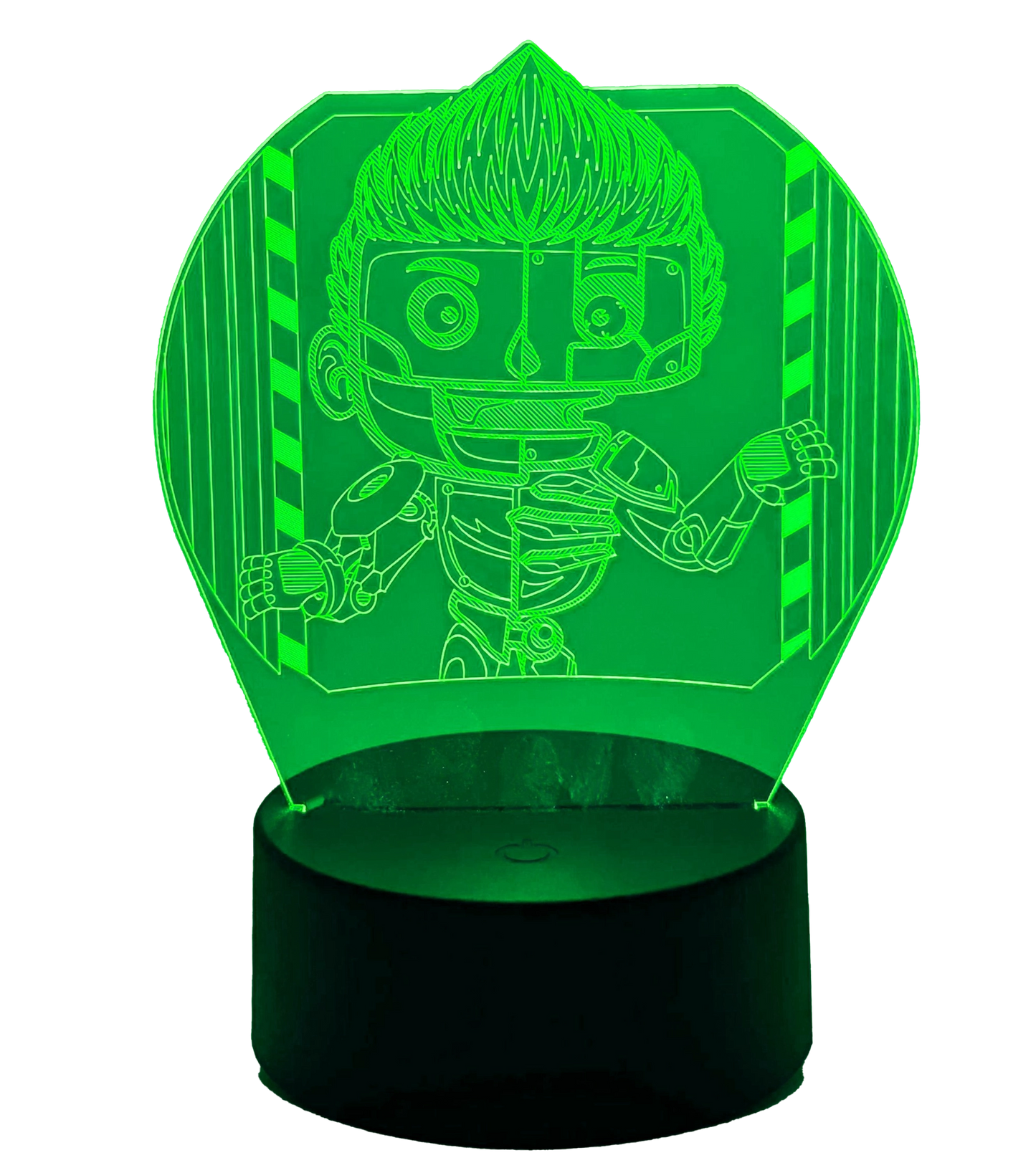 Grüne LED-Lampe mit 3D-Illusion im Tjulfar-Design, zeigt die halb menschliche, halb mechanische Figur als detailliertes Leuchtmotiv auf schwarzem Sockel, produziert von LunyMerch.