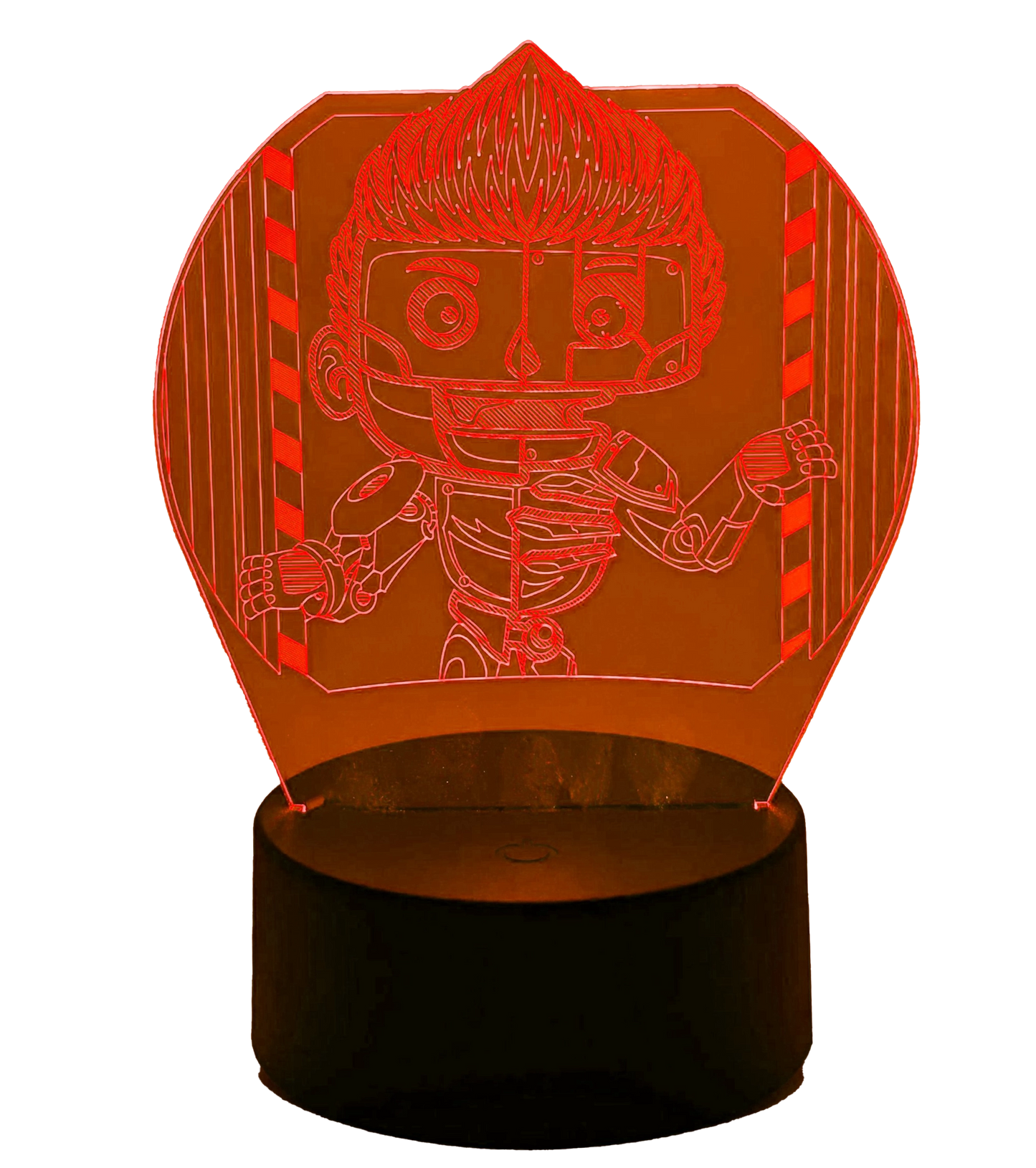 Rote LED-Lampe mit 3D-Illusion im Tjulfar-Design, zeigt die mechanische Figur als futuratives Leuchtmotiv auf schwarzem Sockel, produziert von LunyMerch.