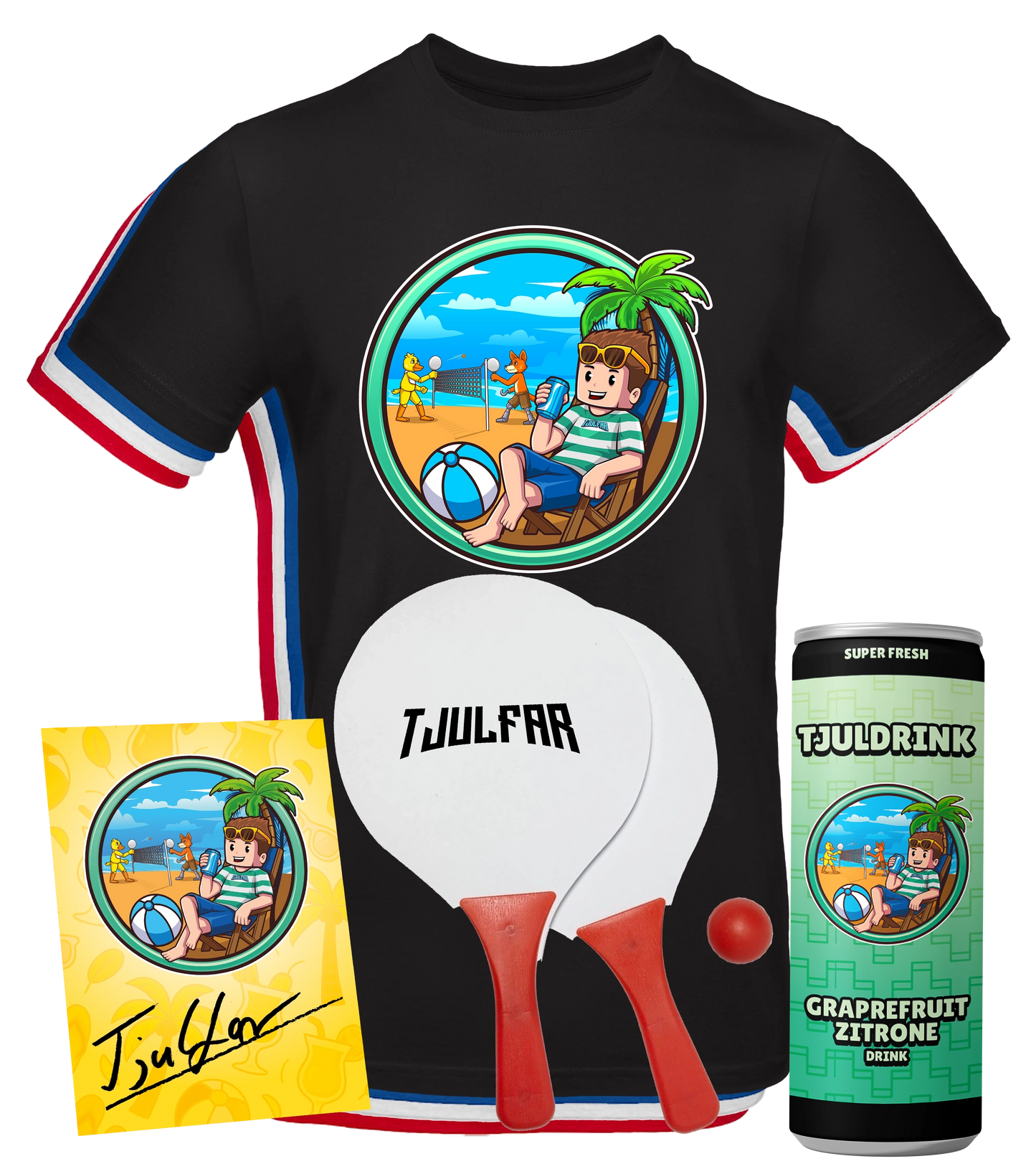 Tjulfar Sommer-Bundle bestehend aus schwarzem T-Shirt mit Strandmotiv, Tjuldrink Grapefruit Zitrone in Dose, Tischtennisset mit zwei Schlägern und Ball sowie Autogrammkarte mit Unterschrift von Tjulfar. Ideal für Fans und Sommeraktivitäten.