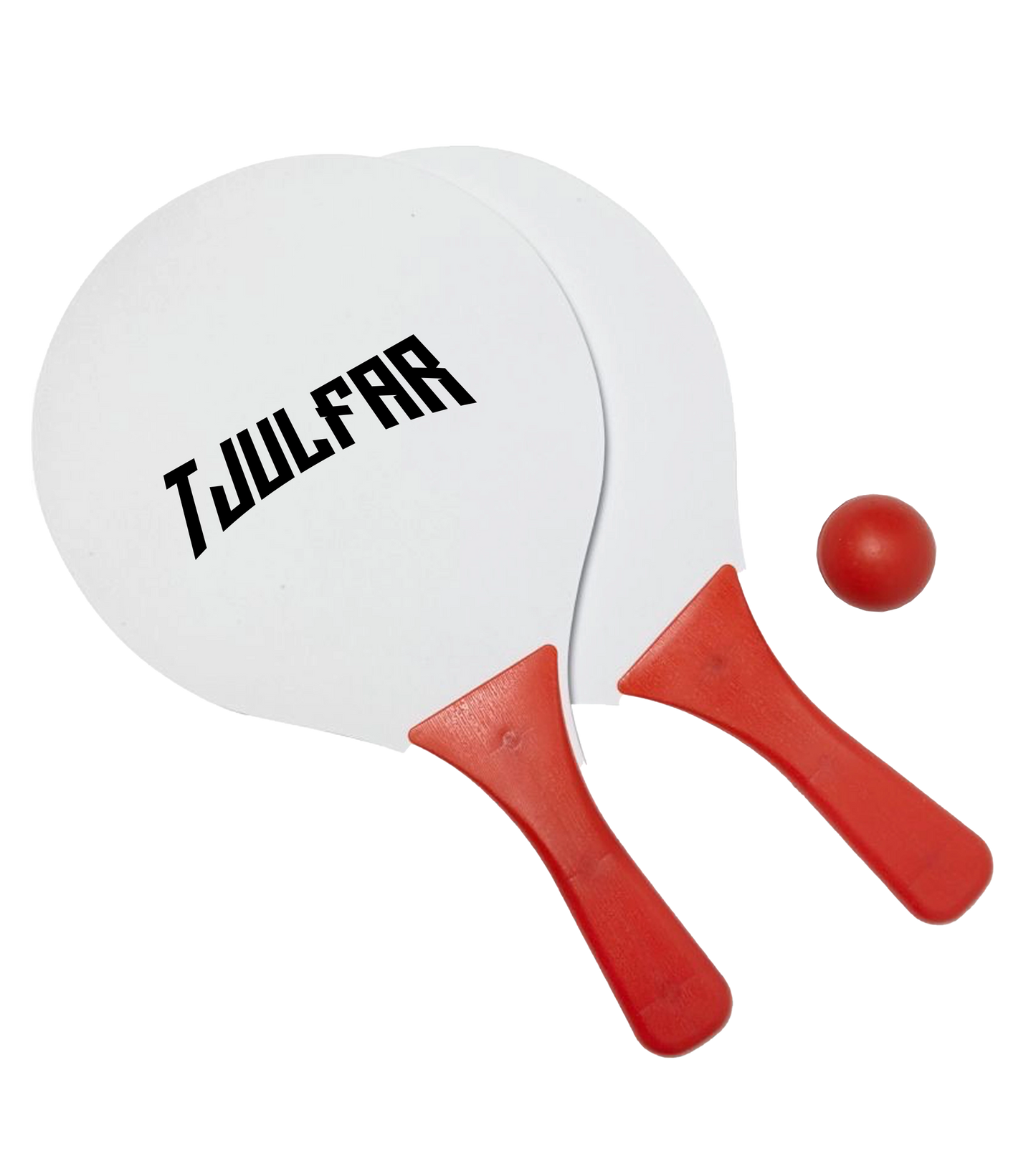 Strandtennis-Set mit zwei weißen Schlägern mit rotem Griff und schwarzem Tjulfar-Logo, dazu passender roter Ball.