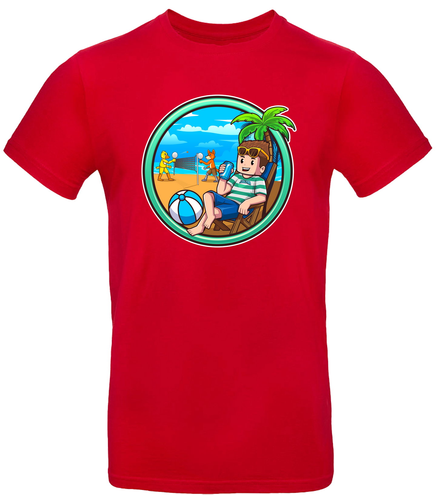 Rotes T-Shirt mit farbigem Strandmotiv von Tjulfar, das den Charakter in einem Liegestuhl unter einer Palme zeigt, mit Getränk in der Hand, Strandball im Vordergrund und Volleyballspiel im Hintergrund. Sommerliches Fan-Merchandise.