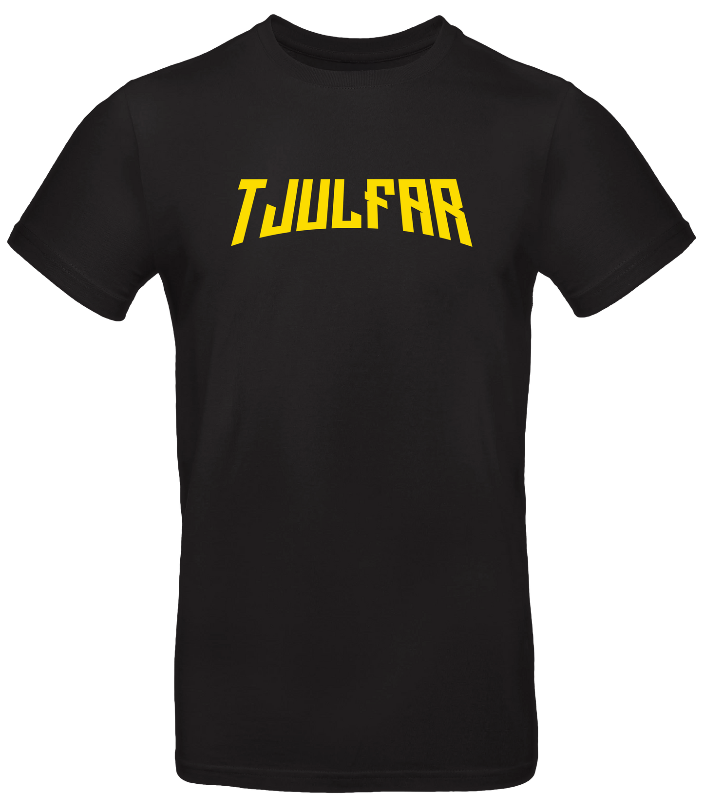 Schwarzes T-Shirt mit gelbem „Tjulfar“-Logo auf der Vorderseite, schlichtes Design aus der LunyMerch-Kollektion.