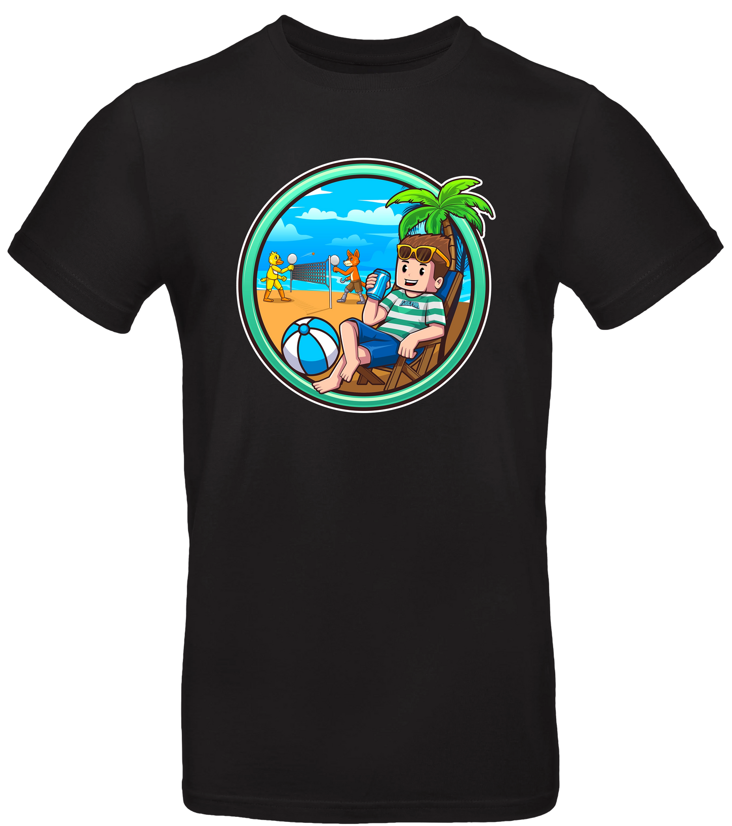 Schwarzes T-Shirt mit farbigem Strandmotiv von Tjulfar, das den Charakter in einem Liegestuhl unter einer Palme zeigt, mit Getränk in der Hand, Strandball im Vordergrund und Volleyballspiel im Hintergrund. Sommerliches Fan-Merchandise.