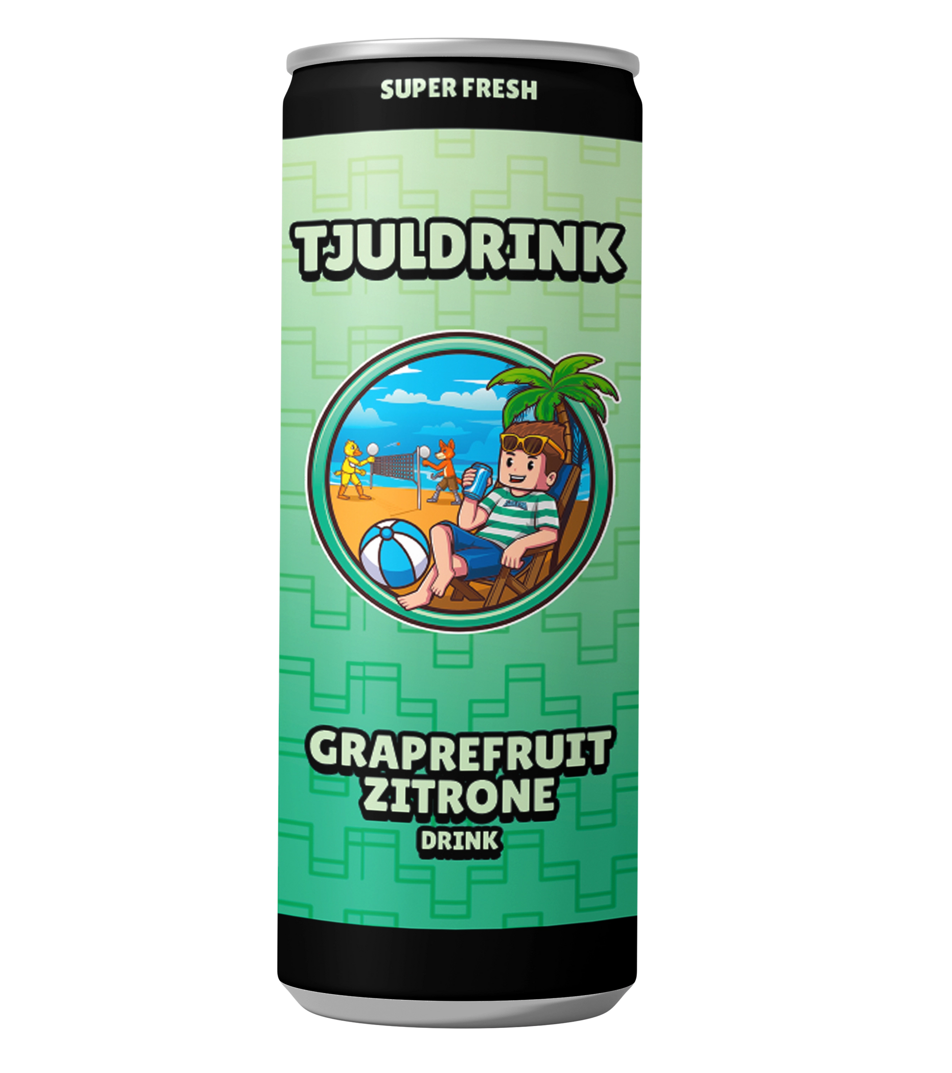 Dose des Tjulfar-Getränks mit Grapefruit-Zitronen-Geschmack, grünem Hintergrunddesign und Strandmotiv mit Tjulfar im Liegestuhl unter einer Palme, Getränk in der Hand, Strandball und Volleyballspiel im Hintergrund.