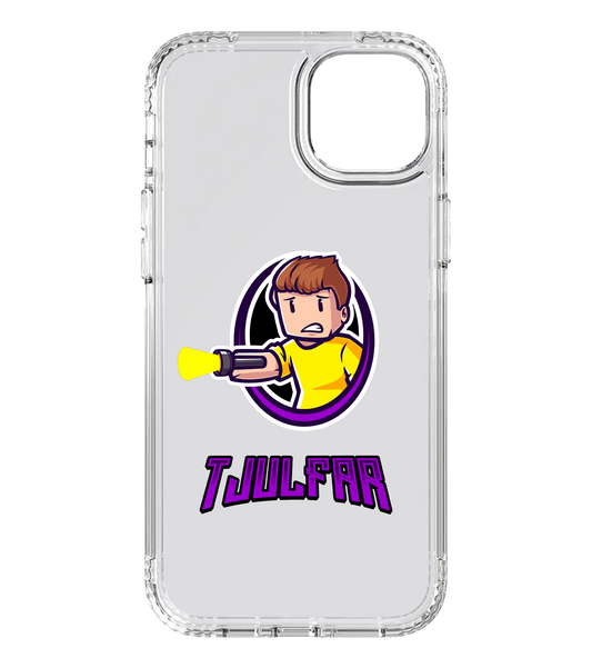Transparente Handyhülle mit Tjulfar-Logo – Comicfigur im gelben Shirt mit Laserarm in einem violetten Kreisrahmen und Schriftzug „Tjulfar“ darunter. Schützendes, flexibles Design passend für Smartphone-Modelle.