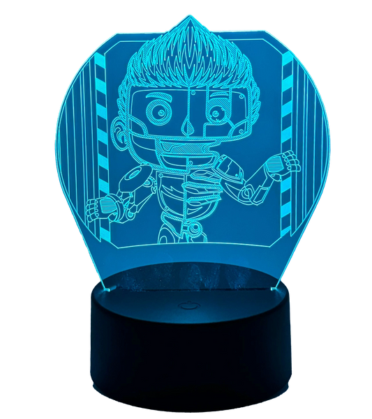 Blaue LED-Lampe mit 3D-Illusion im Tjulfar-Design, zeigt die mechanische Figur als futuratives Leuchtmotiv auf schwarzem Sockel, produziert von LunyMerch.