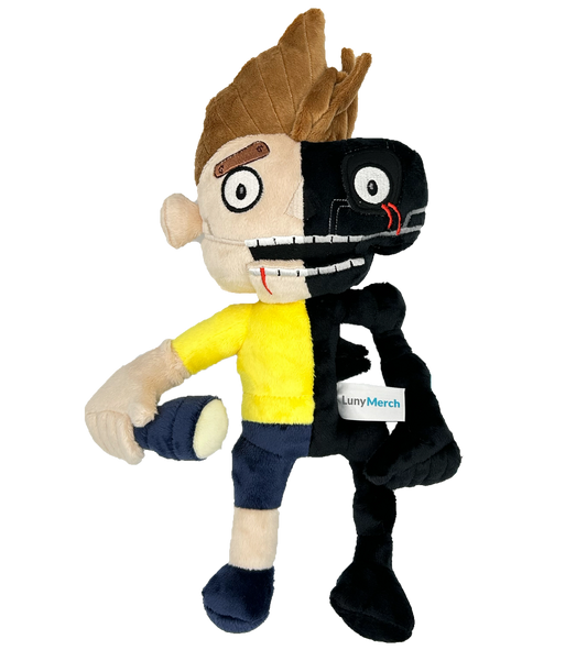 Plüschfigur „Tjultronic“ mit halb menschlichem, halb roboterhaftem Gesicht, gelbem Oberteil, blauer Hose und Taschenlampe in der Hand, hergestellt von LunyMerch.