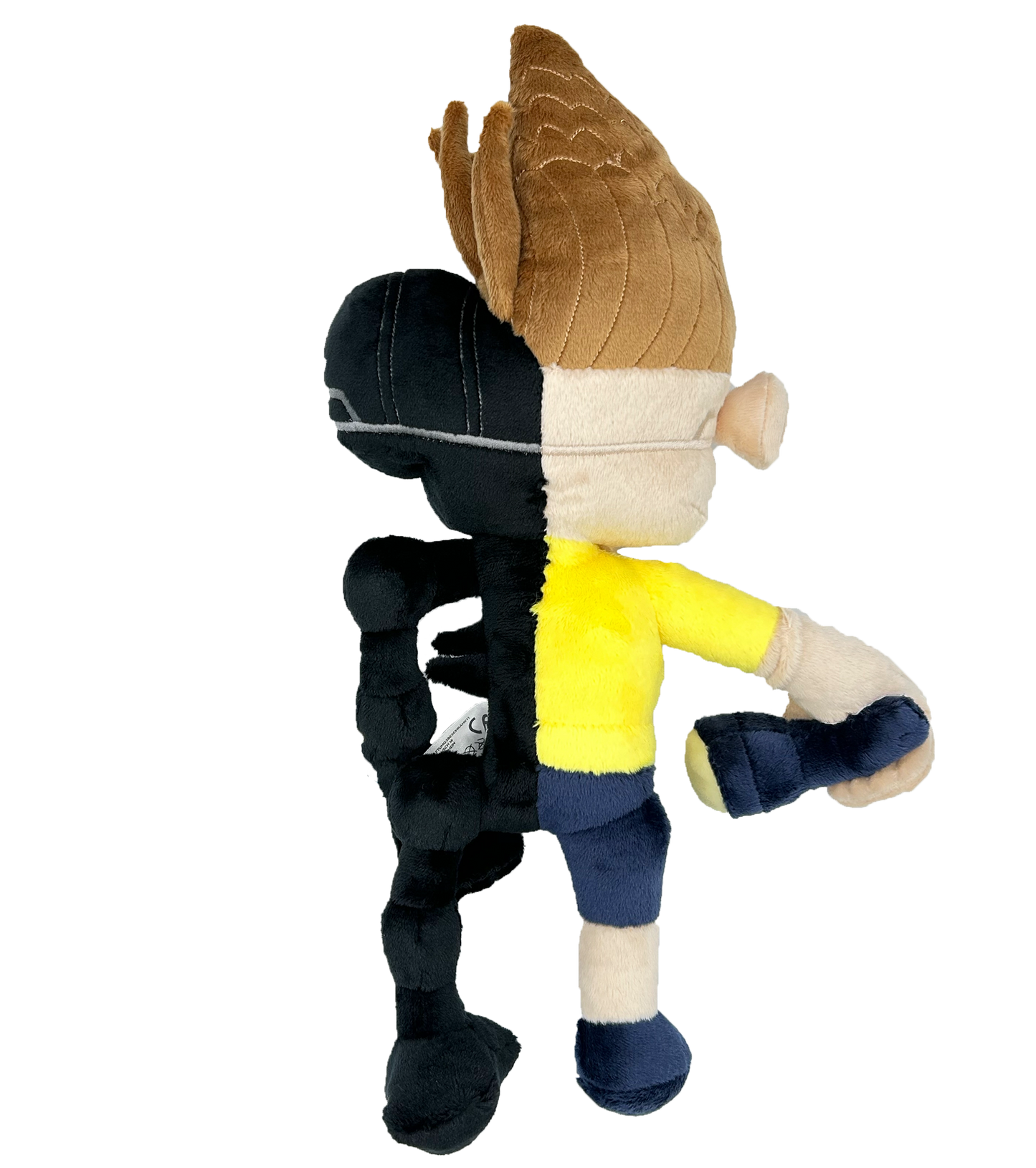 Rückansicht der Plüschfigur „Tjultronic“ mit halb menschlicher, halb roboterhafter Gestaltung, gelbem Oberteil, blauer Hose und braunen Haaren, produziert von LunyMerch.