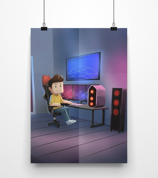 Poster mit Tjulfar-Comicfigur in einem modernen Gaming-Setup. Figur sitzt auf einem roten Gaming-Stuhl vor einem Schreibtisch mit drei Monitoren, leuchtendem PC-Tower und Lautsprechern. Beleuchtung in Blau- und Pinktönen, futuristischer Look.