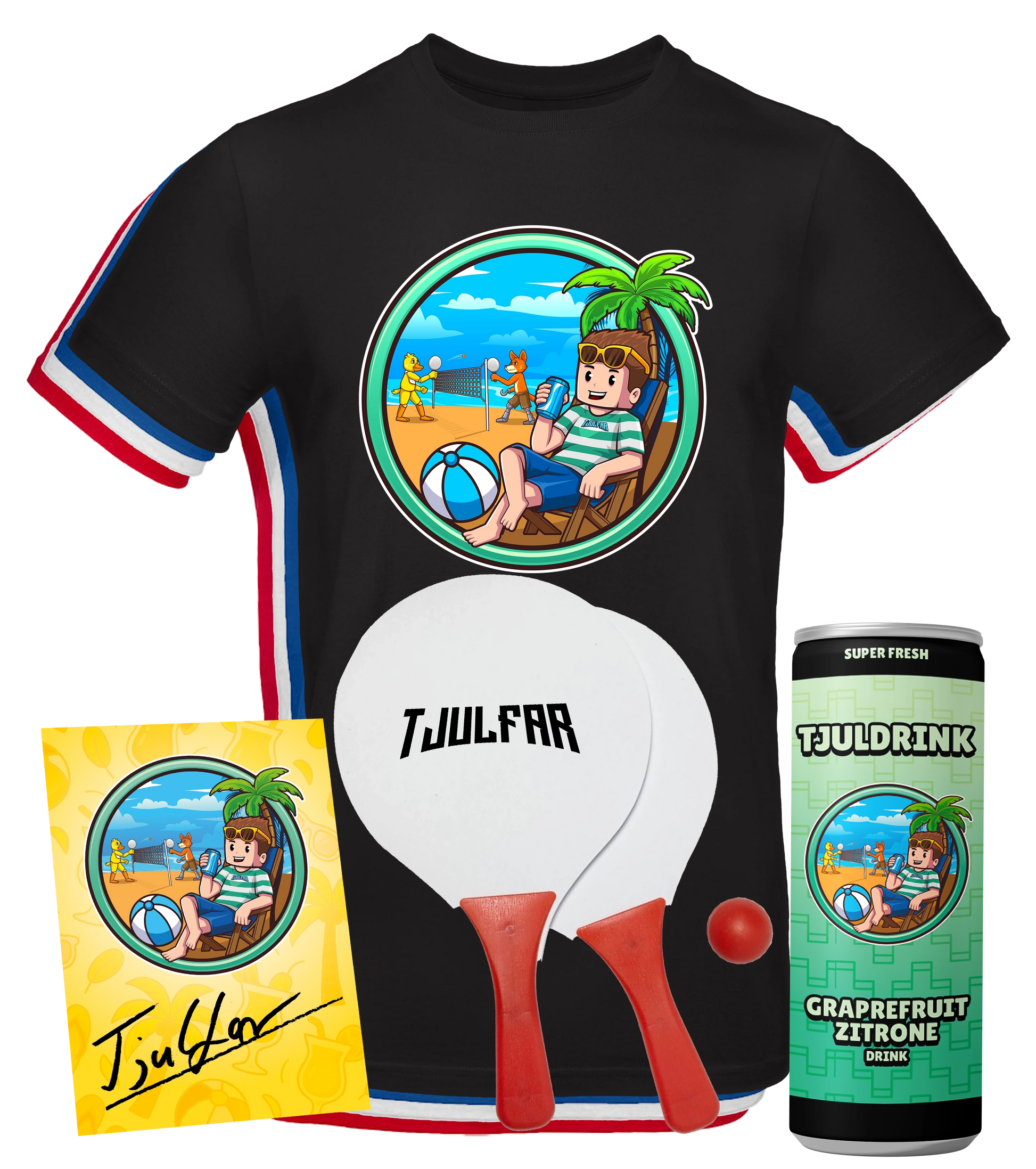 Tjulfar Sommer-Bundle bestehend aus schwarzem T-Shirt mit Strandmotiv, Tjuldrink Grapefruit Zitrone in Dose, Tischtennisset mit zwei Schlägern und Ball sowie Autogrammkarte mit Unterschrift von Tjulfar. Ideal für Fans und Sommeraktivitäten.