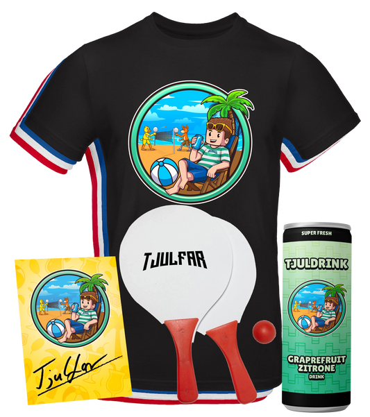 Tjulfar Sommer-Bundle bestehend aus schwarzem T-Shirt mit Strandmotiv, Tjuldrink Grapefruit Zitrone in Dose, Tischtennisset mit zwei Schlägern und Ball sowie Autogrammkarte mit Unterschrift von Tjulfar. Ideal für Fans und Sommeraktivitäten.