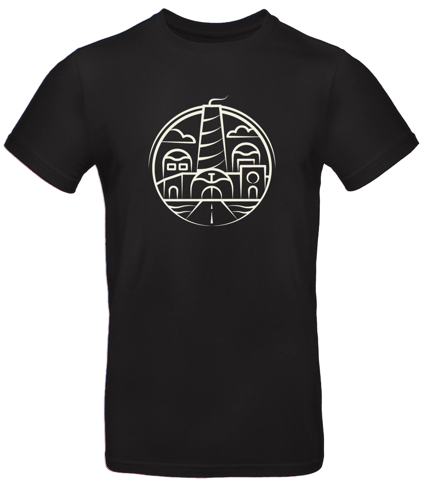 Schwarzes T-Shirt mit rundem „Fabrik“-Design im minimalistischen Linienstil, zeigt Gebäude, Straße, Wolken und einen hohen Turm in der Mitte. Merchandise-Artikel von Tjulfar.