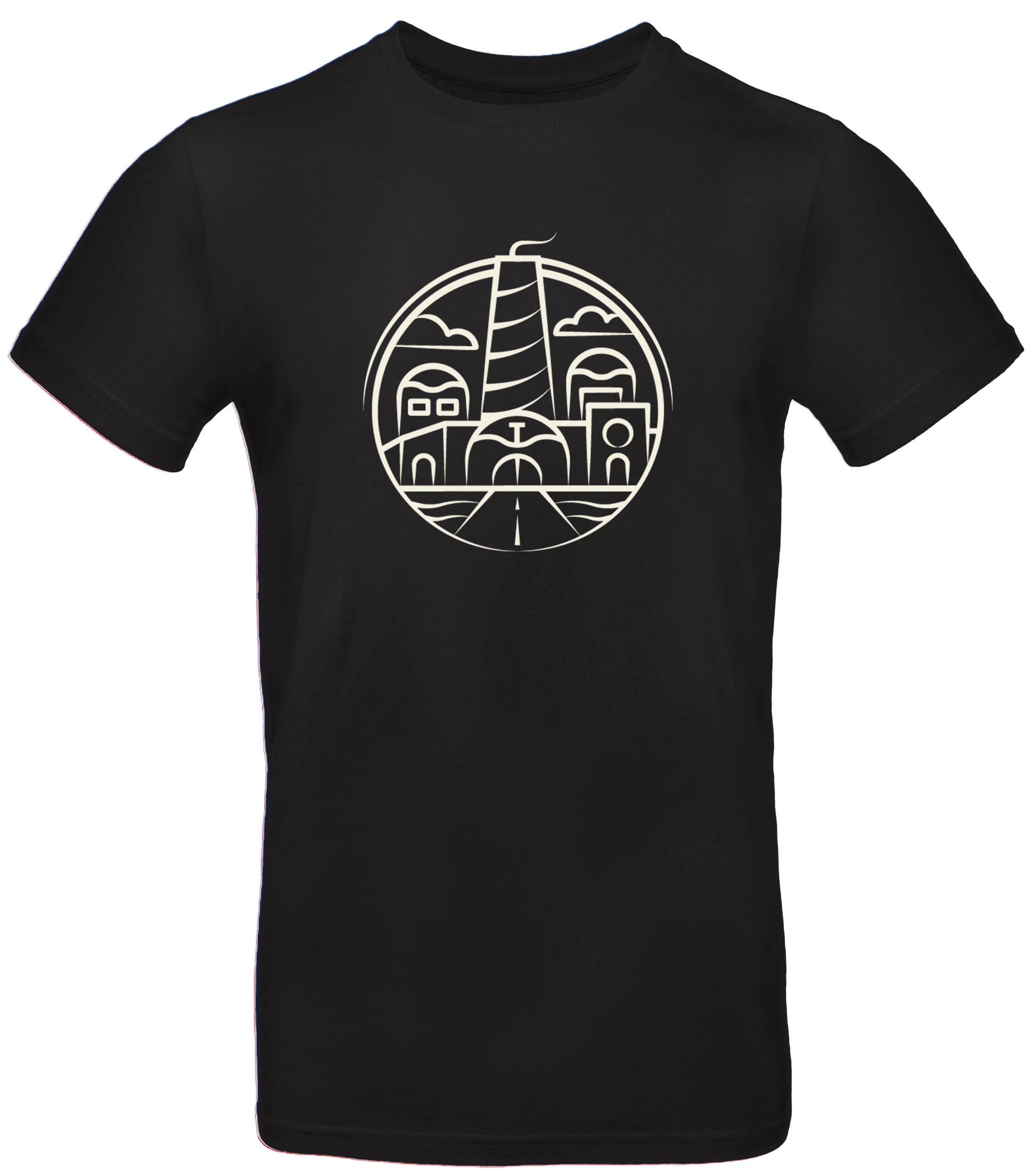 Schwarzes T-Shirt mit rundem „Fabrik“-Design im minimalistischen Linienstil, zeigt Gebäude, Straße, Wolken und einen hohen Turm in der Mitte. Merchandise-Artikel von Tjulfar.