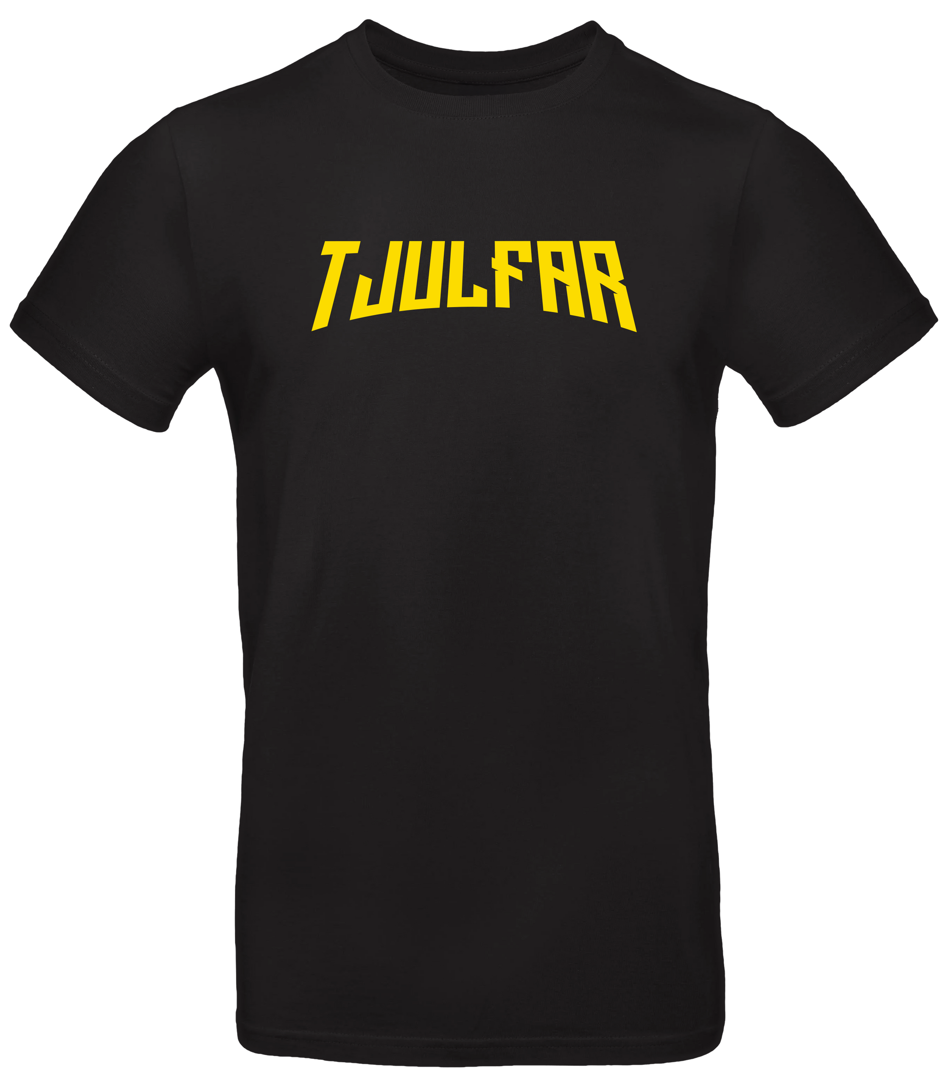 Schwarzes T-Shirt mit gelbem „Tjulfar“-Logo auf der Vorderseite, schlichtes Design aus der LunyMerch-Kollektion.