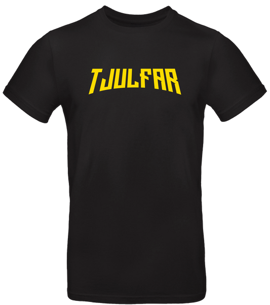 Schwarzes T-Shirt mit gelbem „Tjulfar“-Logo auf der Vorderseite, schlichtes Design aus der LunyMerch-Kollektion.